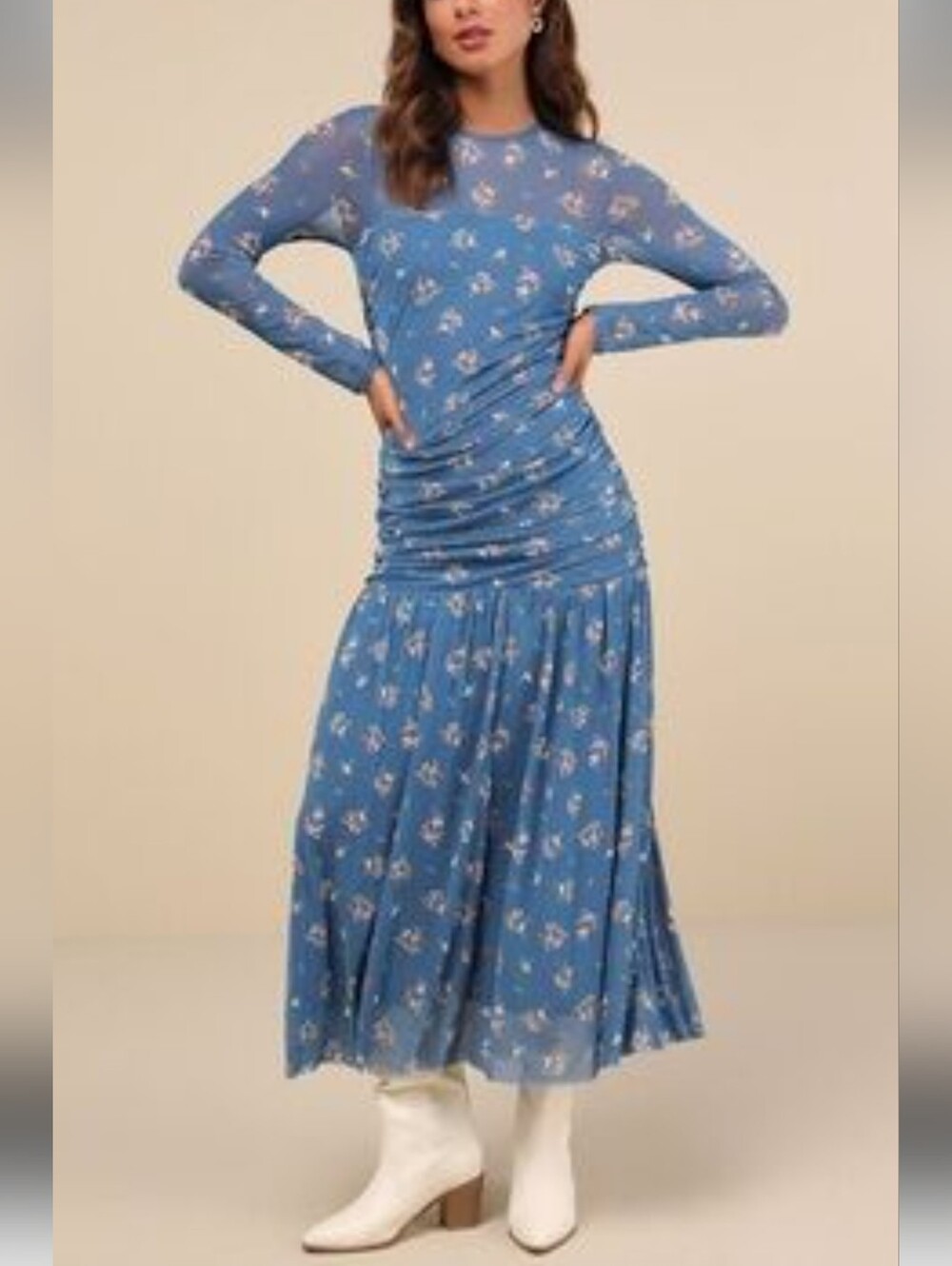 Lulu's Blue Floral mesh Ruched ankle length dress size L NWTS